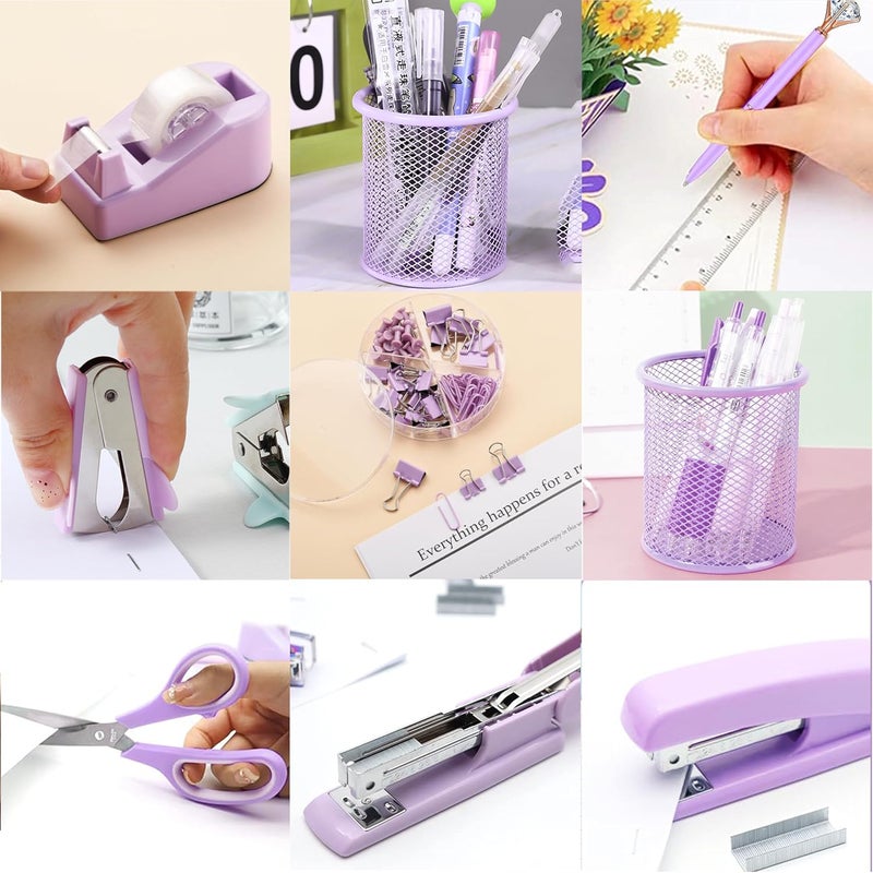 Famassi Purple Office Supplies, Purple Desk Accessories, Stapler, Staple Remover, Tape Holder, Pen Holder, Ballpoint Pen, Scissor, Binder Clips, Paper Clips and 1000pcs Staples. - Image 5